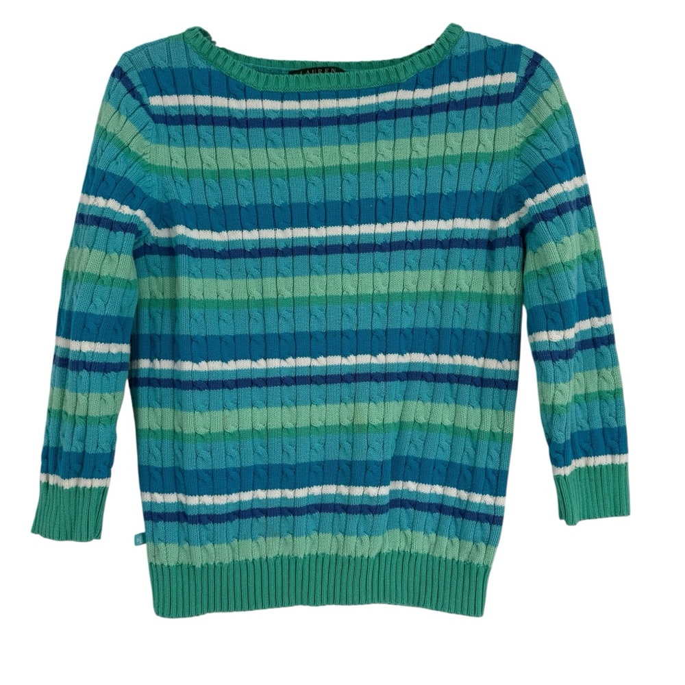 Lauren Ralph Lauren Women Crew-Neck Cable Knit Blue Striped Sweater Size M